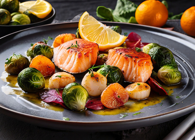 Lachs und Jakobsmuscheln mit Rosenkohl und Blutorangenfond