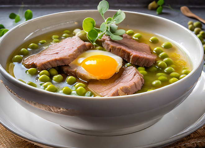 Bouillon mit Rindsfiletstreifen und Bio-Backerbsen