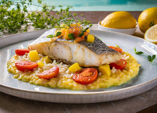 Dorade mit Tomaten und Zitronen an Mango-Grapefruit-Chutney mit südländischem Risotto