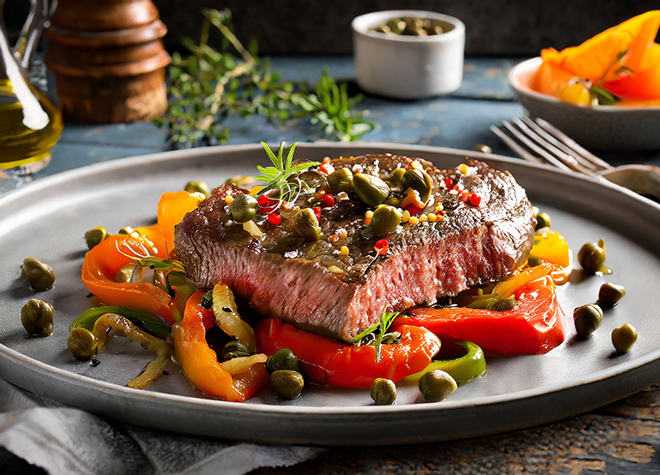 Steak mit Paprika-Kapern-Gemüse