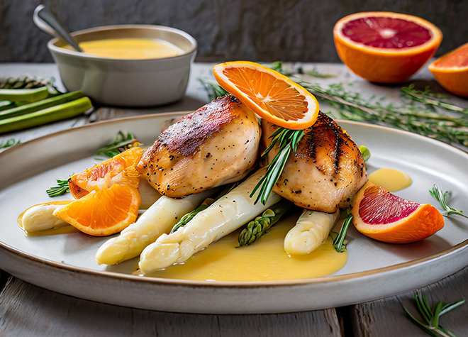 Pouletschenkel mit weissem Spargel und Blutorangen-Hollandaise