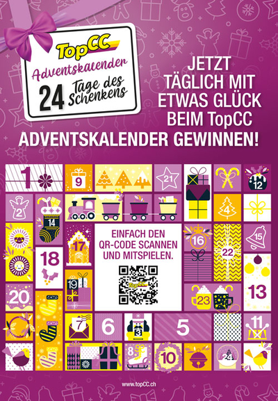 Viele Päckchen mit Geschenken in Form eines Adventskalenders auf einem lila Hintergrund, auf der linken Seite ist der Text "TopCC Adventskalender, 24 Tage des Schenkens"