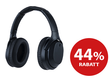 Blaupunkt schwarze Bluetooth-Kopfhörer und rechts das 44%-Rabatt-Logo