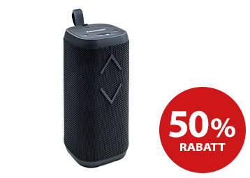 Blaupunkt schwarzer Bluetooth-Lautsprecher und rechts das rote 50%-Rabatt-Logo