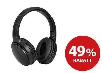 Blaupunkt schwarze faltbare Kopfhörer und rechts das 49%-Rabatt-Logo