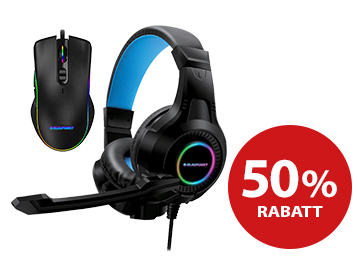 Blaupunkt Headset-Paket und rechts das rote 50%-Rabatt-Logo