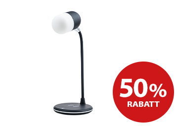 Weiße Lampe mit Induktionsladegerät und rechts das 50%-Rabatt-Logo