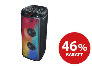 Mehrfahrbiger Blaupunkt Bluetooth-Lautsprecher und rechts das 40%-Rabatt-Logo