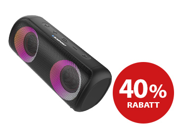 Blaupunkt Mehrfarbiger Bluetooth-Lautsprecher und rechts das rote 40%-Rabatt-Logo