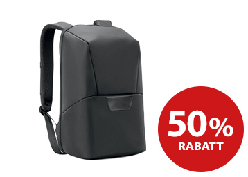 Schwarzer Blaupunkt Rucksack mit PC-Halterung und rechts das 50%-Rabatt-Logo