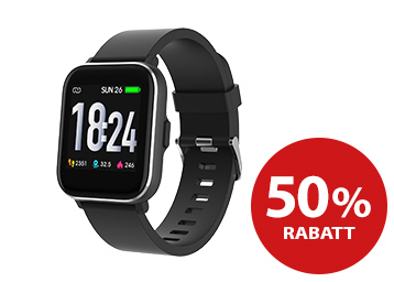 Schwarzer Blaupunkt Smartwatch und rechts das rote 50%-Rabatt-Logo