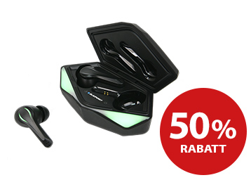 Schwarzes Blaupunkt kabellose Gaming Kopfhörer mit Ladebox und recht das rote 50%-Rabbat-Logo