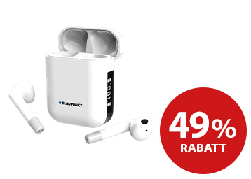 Weiße kabellose Blaupunkt-Kopfhörer mit Ladebox und rotem 49%-Rabatt-Logo auf der rechten Seite