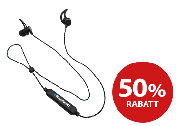 Blaupunkt schwarzer Wireless-Sportkopfhörer und rechts 50%Rabatt-Logo